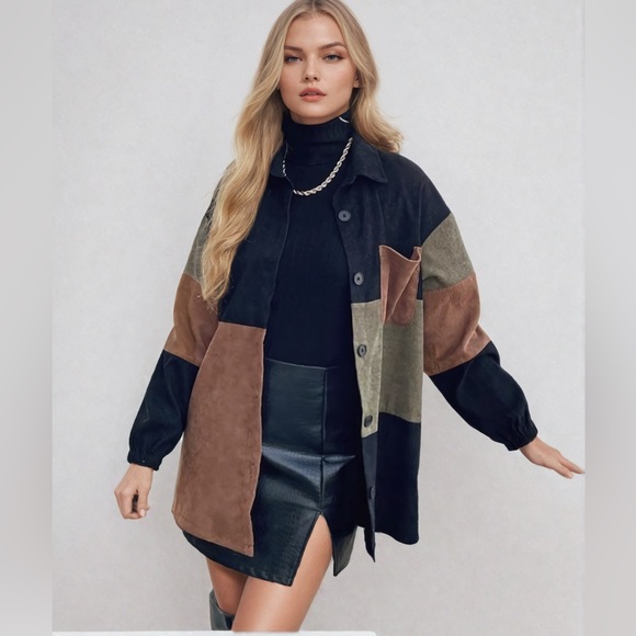 Color Block Drop Shoulder Corduroy Shacket - Picture 2 of 8